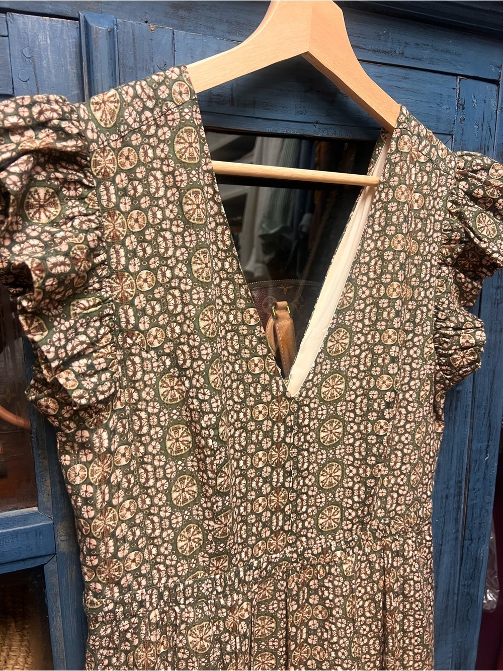 Marie Oliver Olive Green Floral V-Neck Ruffle Sleeve Dress